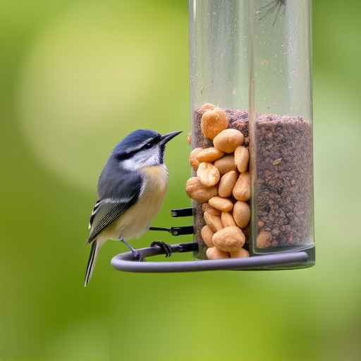 Tit bird feeding from peanut feeder