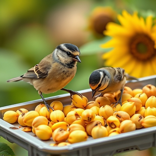 Tits feeding from tray of sunflower hearts