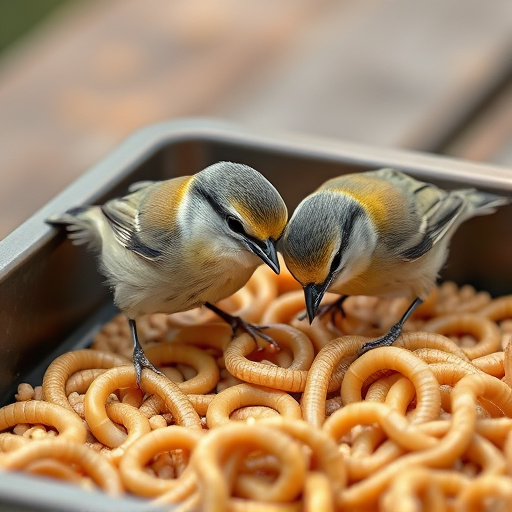 Tits feeding on mealworms in tray