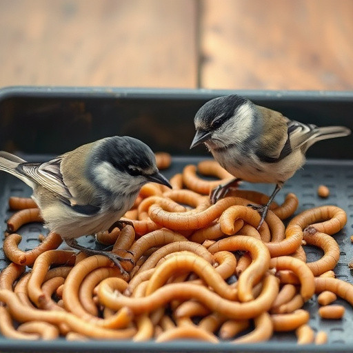 Tits feeding on mealworms in tray
