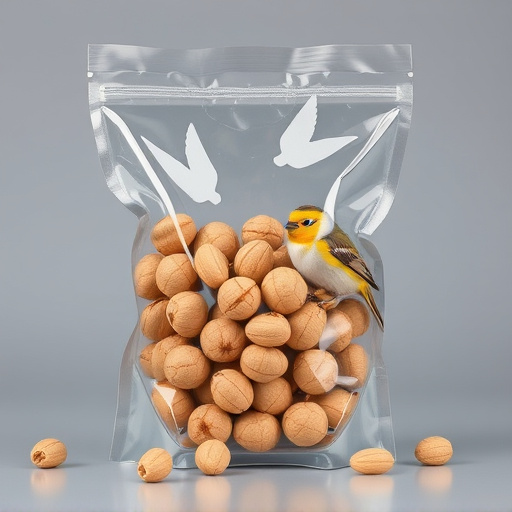 Transparent pouch of peanuts for birds