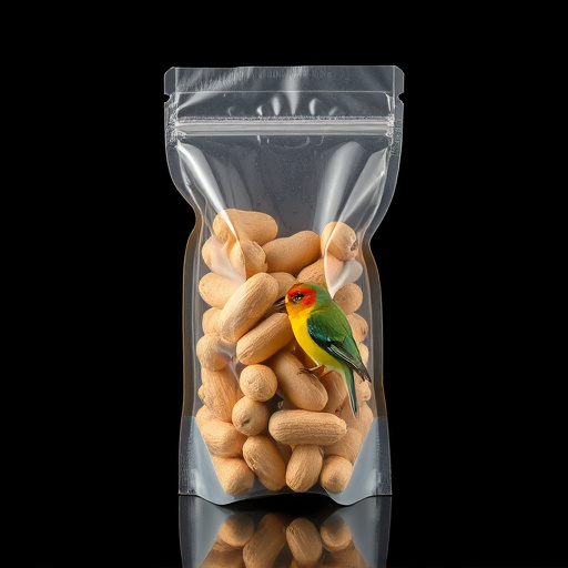 Transparent pouch of peanuts for birds