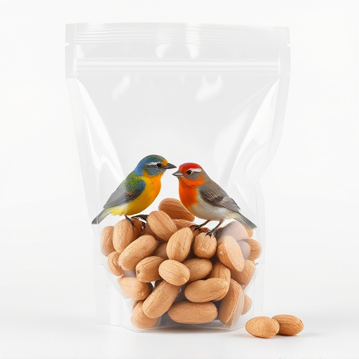 Transparent pouch of peanuts for birds