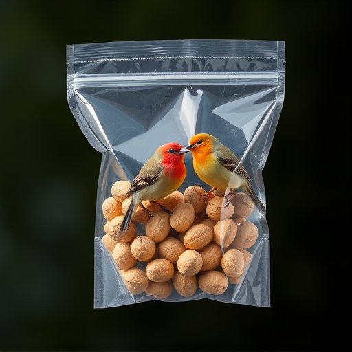 Transparent pouch of peanuts for birds