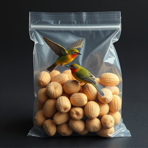 Transparent pouch of peanuts for birds