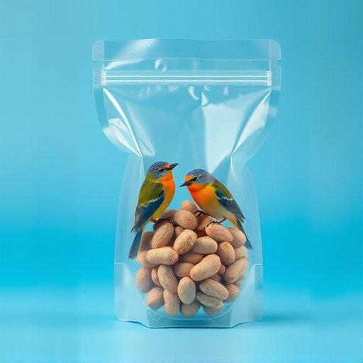 Transparent pouch of peanuts for birds