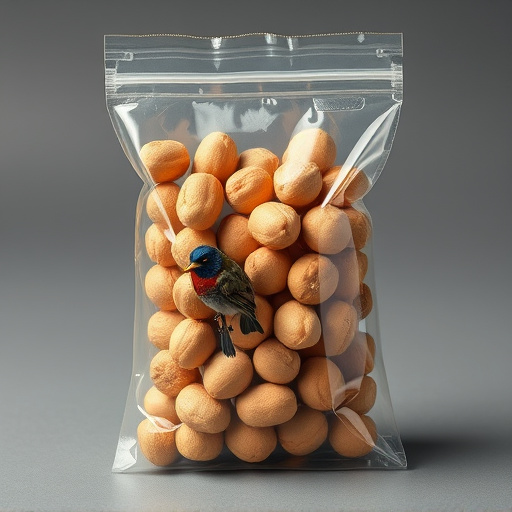 Transparent pouch of peanuts for birds