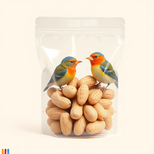 Transparent pouch of peanuts for birds
