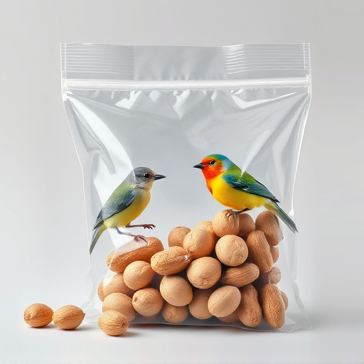 Transparent pouch of peanuts for birds