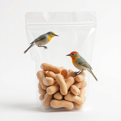 Transparent pouch of peanuts for birds