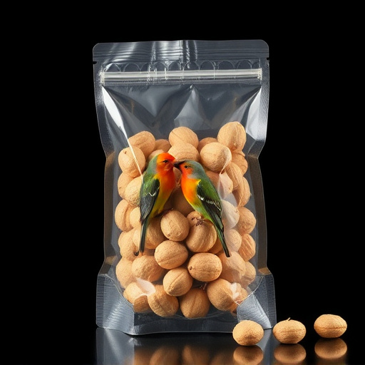 Transparent pouch of peanuts for birds