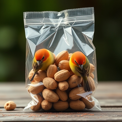 Transparent pouch of peanuts for birds