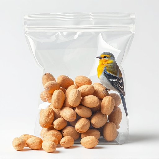 Transparent pouch of peanuts for birds