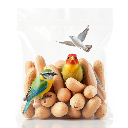 Transparent pouch of peanuts for birds