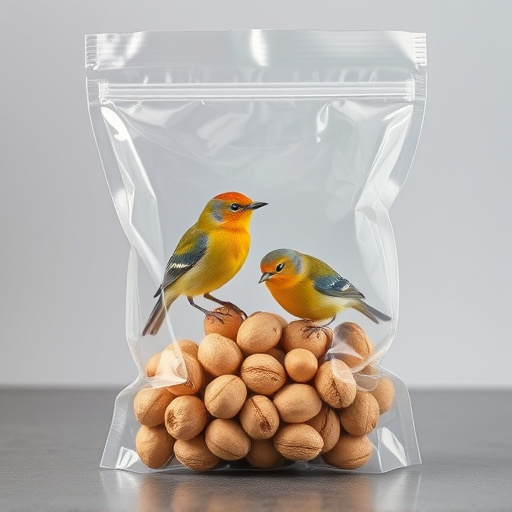 Transparent pouch of peanuts for birds
