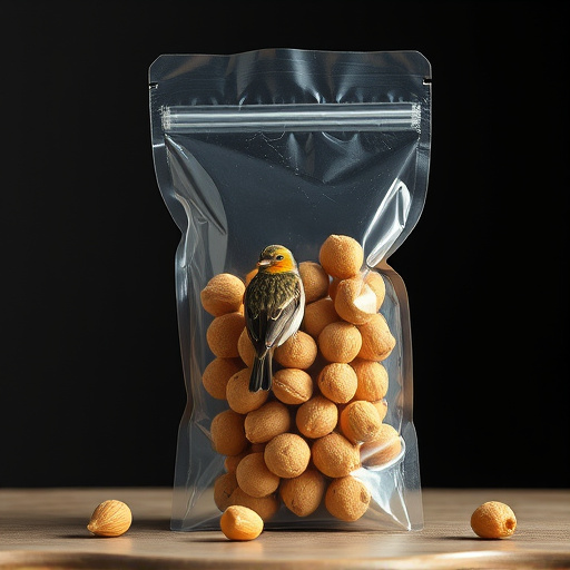 Transparent pouch of peanuts for birds