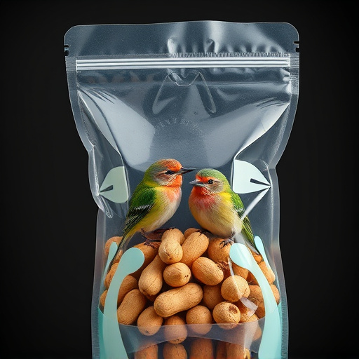 Transparent pouch of peanuts for birds