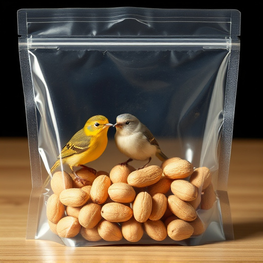 Transparent pouch of peanuts for birds