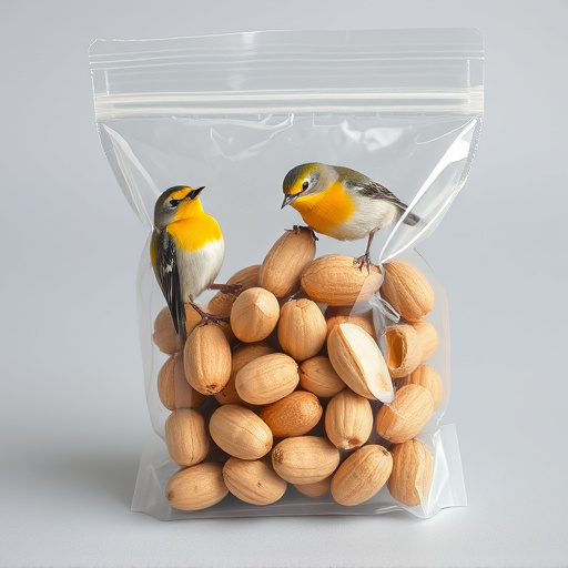 Transparent pouch of peanuts for birds