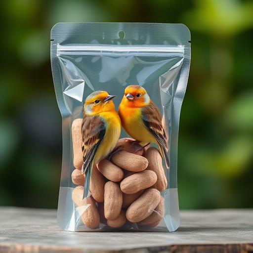 Transparent pouch of peanuts for birds