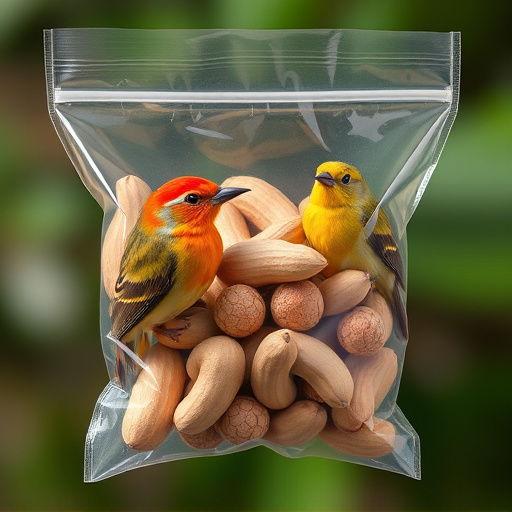 Transparent pouch of peanuts for birds