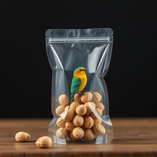 Transparent pouch of peanuts for birds