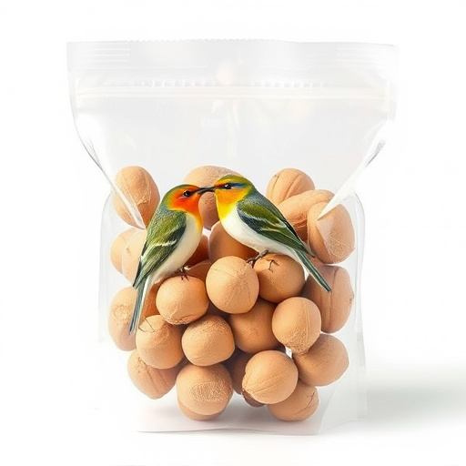 Transparent pouch of peanuts for birds