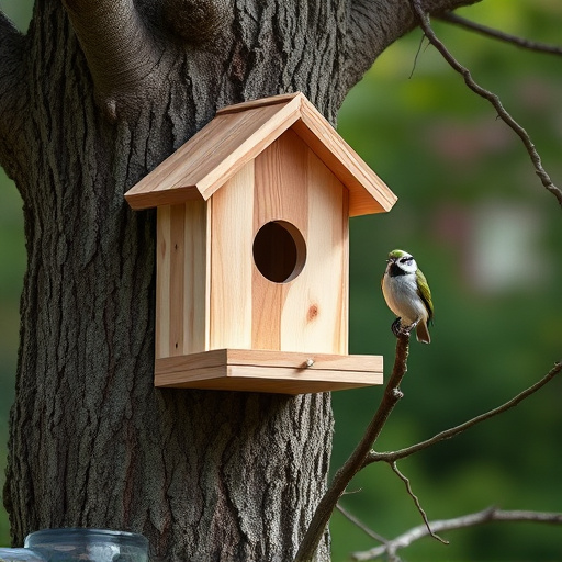 Tree-mounted bird box with bird nearby