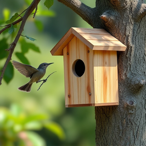 Tree-mounted bird box with bird nearby