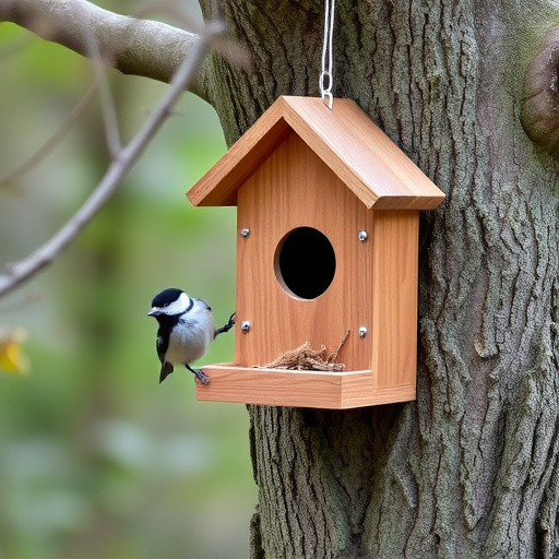 Tree-mounted bird box with bird nearby