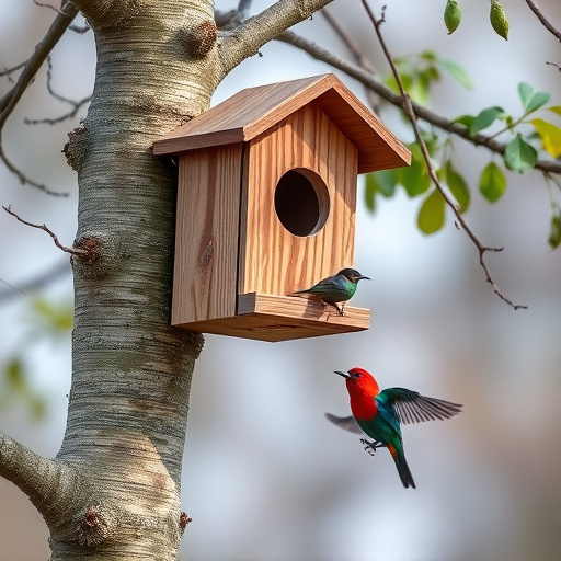 Tree-mounted bird box with bird nearby