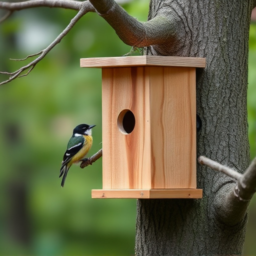 Tree-mounted bird box with bird nearby