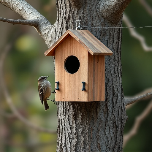 Tree-mounted bird box with bird nearby