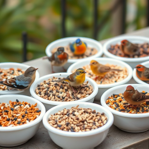 Variety of bird seed in bowls