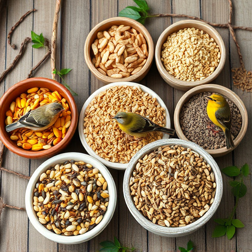 Variety of bird seed in bowls