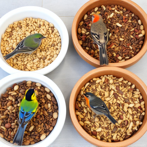 Variety of bird seed in bowls
