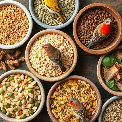 Variety of bird seed in bowls