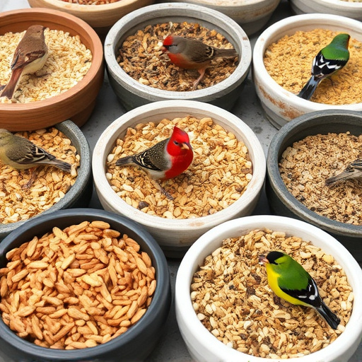 Variety of bird seed in bowls