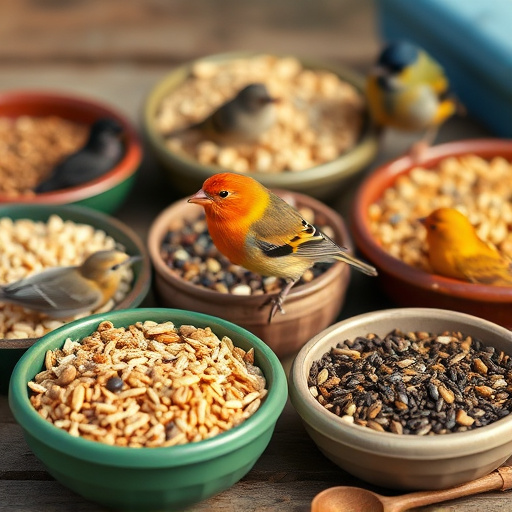 Variety of bird seed in bowls