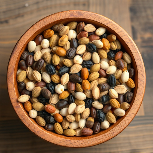 Variety of seeds in wooden bowl