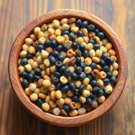 Variety of seeds in wooden bowl