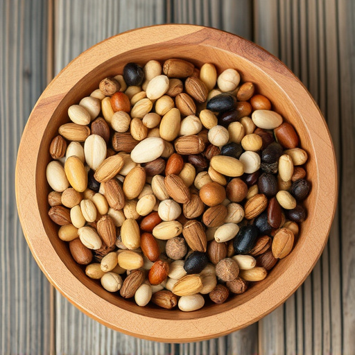 Variety of seeds in wooden bowl