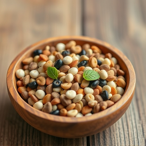 Variety of seeds in wooden bowl