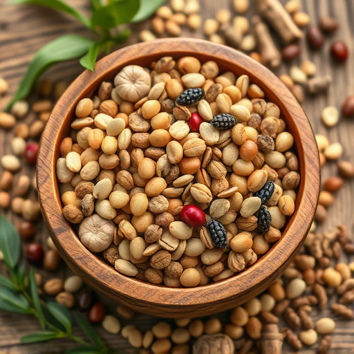 Variety of seeds in wooden bowl