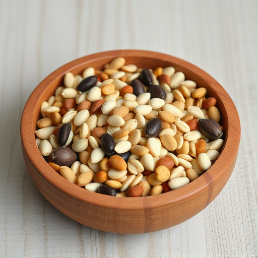 Variety of seeds in wooden bowl