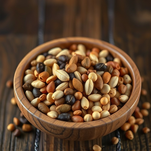 Variety of seeds in wooden bowl