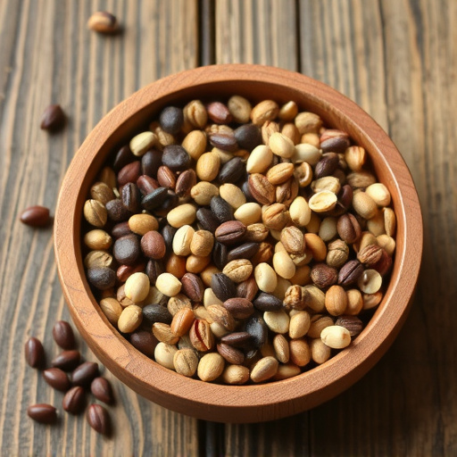 Variety of seeds in wooden bowl