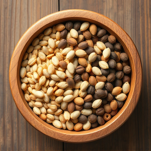 Variety of seeds in wooden bowl