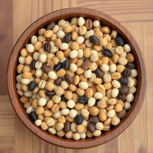 Variety of seeds in wooden bowl