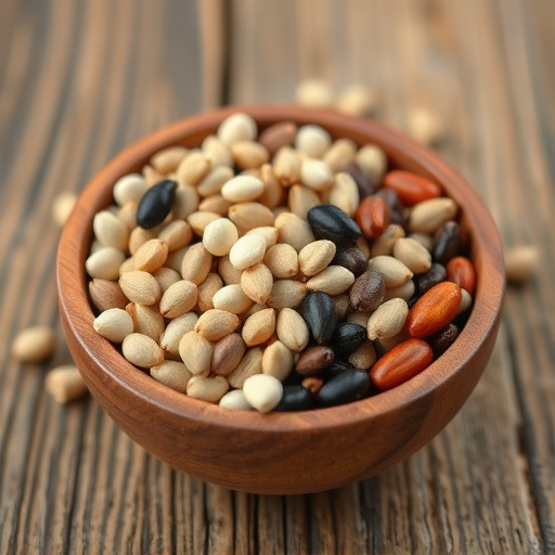 Variety of seeds in wooden bowl